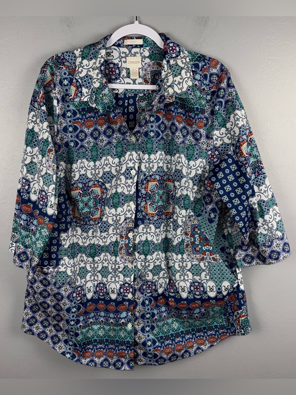 Chico's Shirt Women’s 3.5 XL-18 Blue Patterned 3/4 Sleeves Pockets No Iron